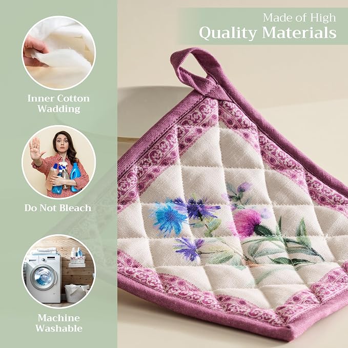 Maison d' Hermine Pot Holders 100% Cotton Potholders (8" x 8", Pack of 1) | Heat Resistant Hot Pads with Loop BBQ Cooking Baking Farmhouse Kitchen Handling Hot Pans Spring Summer - Chardon