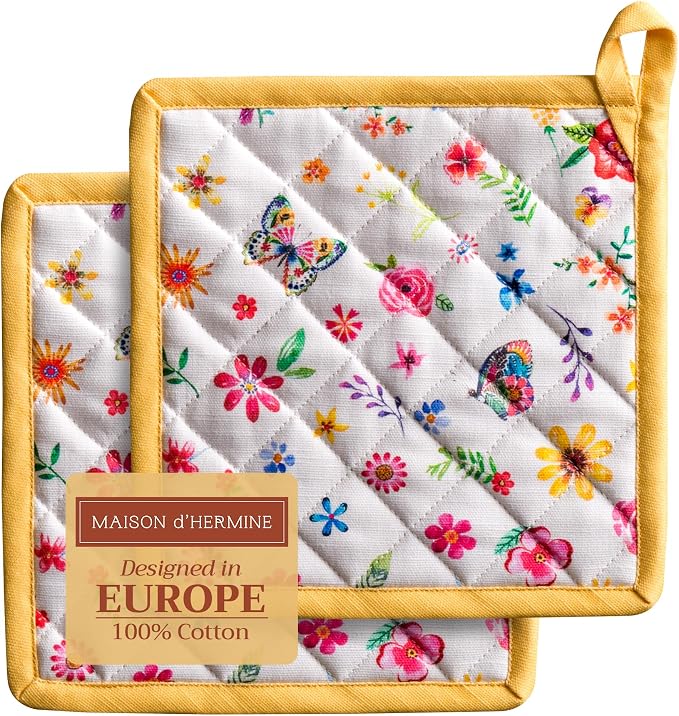 Maison d' Hermine Pot Holders 100% Cotton Potholders (8" x 8", Pack of 2) | Heat Resistant Hot Pads with Loop BBQ Cooking Farmhouse Kitchen Handling Hot Pans Spring Summer - Happy Florals - Sweety