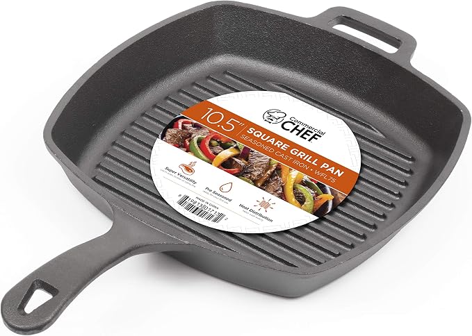 Commercial Chef 10.5-Inch Cast Iron Square Grill Pan, Pre-Seasoned, CHFL75 | Integrated Hanging Hole in Handle, Works on All Cooktops Including Induction, Outdoor Skillet for Campfires