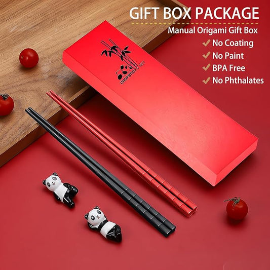 Chopsticks Gift set With Ceramic Rest Reusable Dishwasher Safe,Red Black | Cute Panda Chopsticks Holder, Anniversary Gift for Couple
