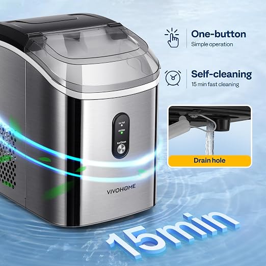 VIVOHOME Electric Portable Compact Countertop Automatic Chewable Nugget Ice Cube Maker Machine with Hand Scoop 10 Ice Bags and Self Cleaning Function 33lbs/Day Silver