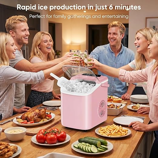 DUMOS Ice Maker Countertop, Ice Machine with Portable Handle, Basket and Scoop, 26lbs Daily, 9 Bullet Cubes in 6-8 Mins, Auto-Cleaning for Home, Kitchen, Office, Outdoors, RV Camping