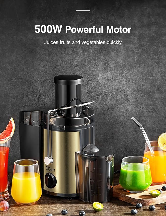 QCen Juicer Machine 500W Centrifugal Juicer with Extra Wide Feed Chute | For Fruits And Vegetables, Stainless Steel, BPA-Free Parts, Easy To Clean, Gold Finish, Compact Countertop Juicer