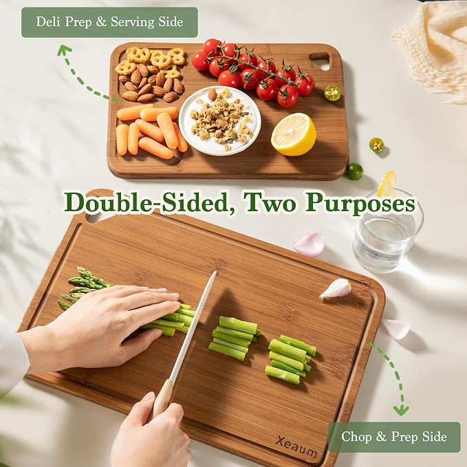 Bamboo Cutting Board for Kitchen, 3-Piece Wooden Cutting Board Set with Juice Grooves, Side Handles, Non-Slip Mats, Reversible Boards for Meat, Vegetables, Fruit, Kitchen Gift