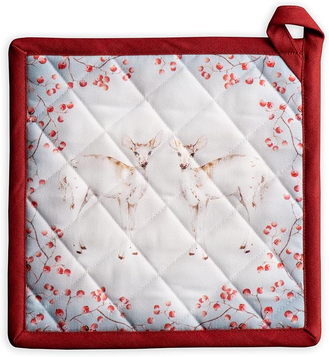 Maison d' Hermine Pot Holders 100% Cotton Potholders (8" x 8", Pack of 1) | Heat Resistant Hot Pads with Loop BBQ Cooking Baking Kitchen Handling Hot Pans Thanksgiving Christmas - Fairy Tale Forest