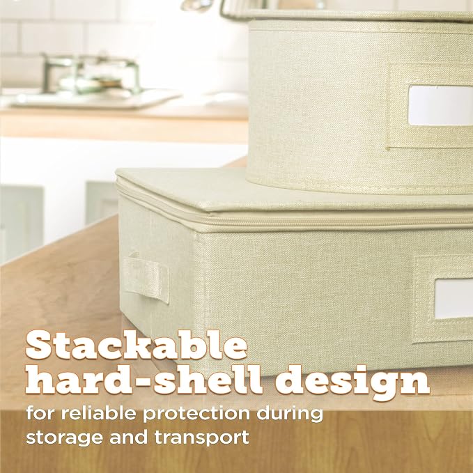 storageLAB Cup & Mug Storage Case | Hard Shell Felt Dividers | Cream | Hard shell case holds 12 cups or mugs in 4x4 felt compartments. Stackable, top-load, dual handles. Cream linen finish.