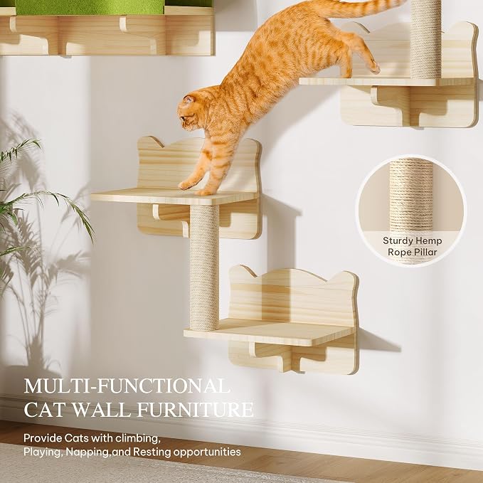Cat Wall Shelves Set, 7-in-1 Cat Wall Furniture with Tunnel | Multi-Level Floating Cat Shelves for Space Saving, Solid Wood Cat Climbing System with Scratching Posts, Burlywood