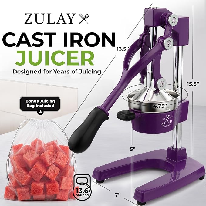 Zulay Kitchen Cast Iron Juicer - Heavy Duty Manual Juicer with Detachable Strainers for Easy Cleaning, Orange Juice Press for Citrus Fruits, Perfect for Bartenders, Juice Lovers & Health Enthusiasts