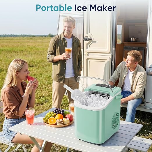 DUMOS Ice Maker Countertop, Ice Machine with Portable Handle, Basket and Scoop, 26lbs Daily, 9 Bullet Cubes in 6-8 Mins, Auto-Cleaning for Home, Kitchen, Office, Outdoors, RV Camping