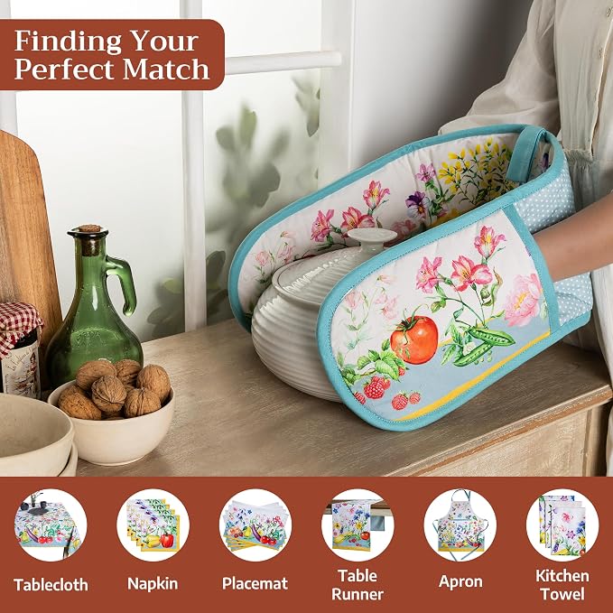 Maison d' Hermine Double Oven Mitts 100% Cotton Double Oven Glove (7"x35") | Heat Resistant BBQ Cooking Gloves with Loop Baking Grilling Kitchen Hotel Home Farmhouse Spring Summer - Giverny