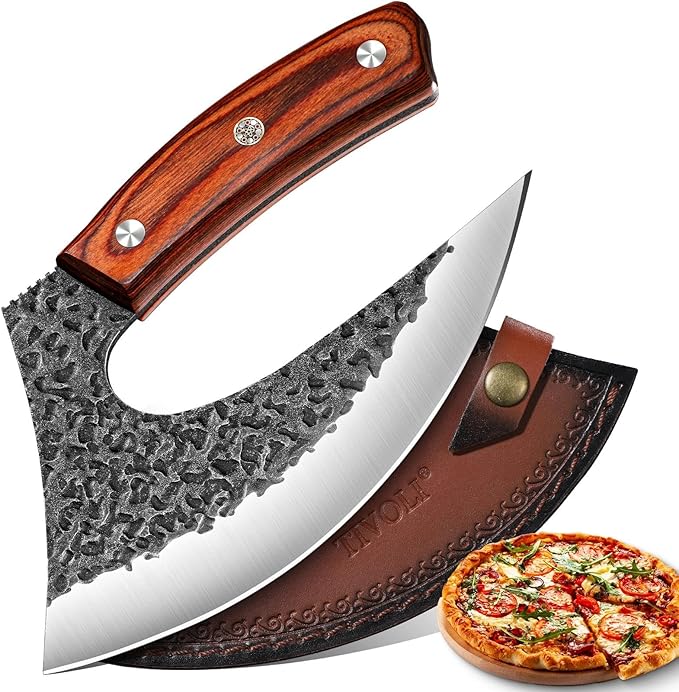 TIVOLI Ulu Knife with Sheath - Mezzaluna Rocker Knife - Pizza Cutter | Hand-forged, Anti-stick Pounding Texture, Full Tang, Rosewood Handle, Belt Sheath, Gift Box, for Kitchen, Camping, BBQ