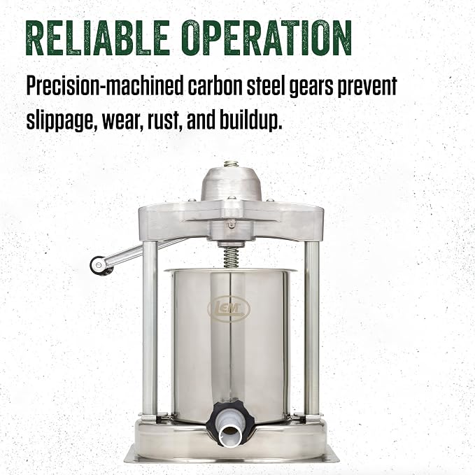 LEM Products MightyBite 15 lb Vertical Sausage Stuffer, Stainless Steel Meat Stuffer Machine for Home Kitchen Use, Large-Batch Sausage Maker with Air-Release Piston and Stuffing Tubes