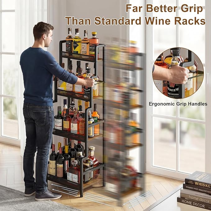 Hayexiha 4-Tier Stepped Freestanding Wine Rack, Large Capacity Liquor Cabinet with Anti-Fall Guardrails and Rounded Corners, Bottle Display Shelf & Mini Bar for Living Room, Home Bar, Kitchen Corner