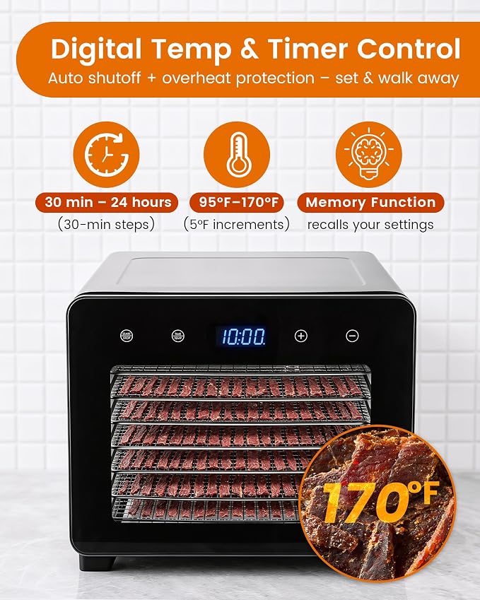 Food Dehydrator Machine, 720W 8-Tray Stainless Steel Dryer with Clear Window Door, 95-170°F Digital Temp Control & 24H Timer, 360° Airflow for Jerky, Fruit, Herbs, Dog Treats