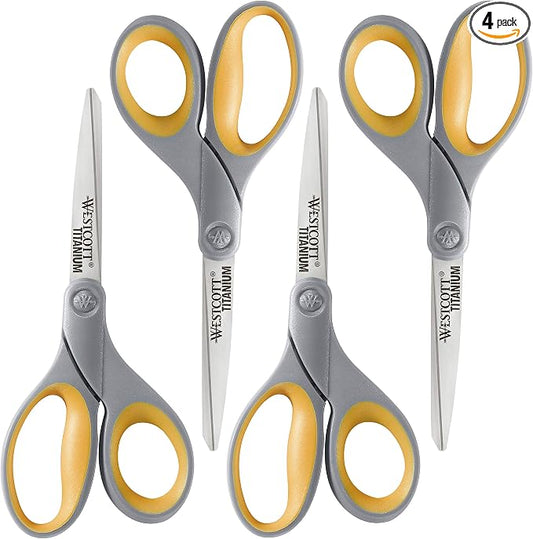 Westcott 8-Inch Titanium Bonded Scissors for Home, Office, and Classroom - Perfect for Cutting Paper, Sewing, and Crafts - Heavy-Duty Design with Soft Handle - Gray/Yellow - 4-Pack