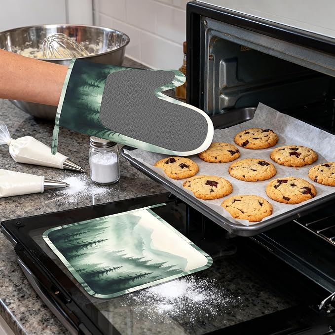 Misty Forest Mountain Heat-Resistant Silicone Oven Mitts and Pot Holders,Long Oven Gloves with Non-Slip Grip for Cooking, Baking, Grilling,BBQ