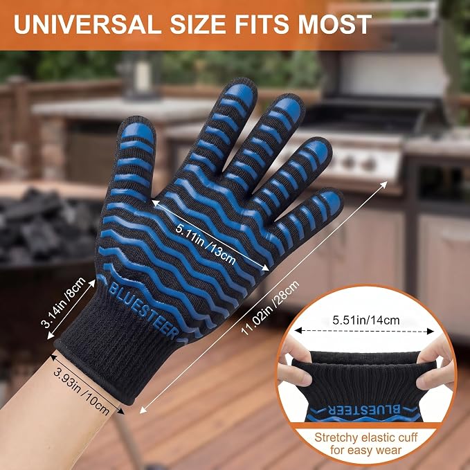 BBQ Gloves 1472°F Heat Resistant Oven Gloves with Fingers Heat Proof Grill Gloves Non-Slip Silicone Oven Mitts for Kitchen Cooking Grilling Baking Smoking