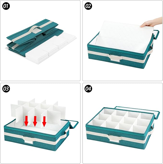 Mug Storage Box with Divider, Tea Cup and Coffee Mug Storage Container with Zipper Cover and Reinforced Handle, Hard Shell, Stackable, Foldable, Green White