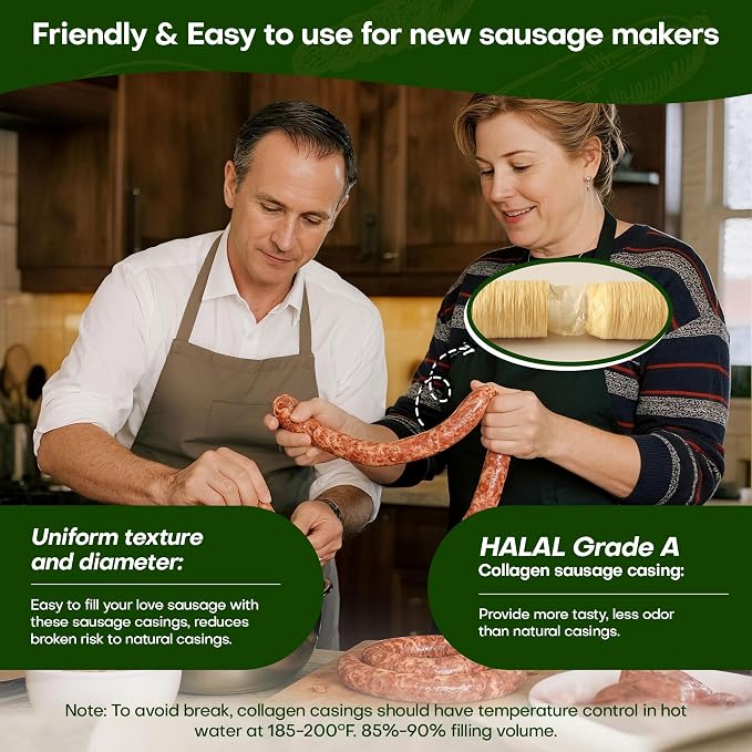 VONSYONG HALAL Sausage Casing, Grade A Edible Drying Collagen Sausage Casings for Flavorous Homemade Sausages 15m/49ft,Diameter 19mm/ 3/4'', 1 Roll