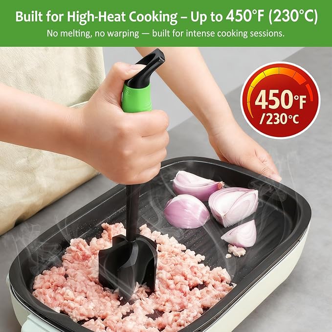 Ourokhome Meat Chopper and Potato Masher, Heat Resistant Nylon Ground Beef Smasher for Hamburger, 5 Curved Blades Nonstick Safe Mixer & Stirrer, Practical Kitchen Gadgets, Green