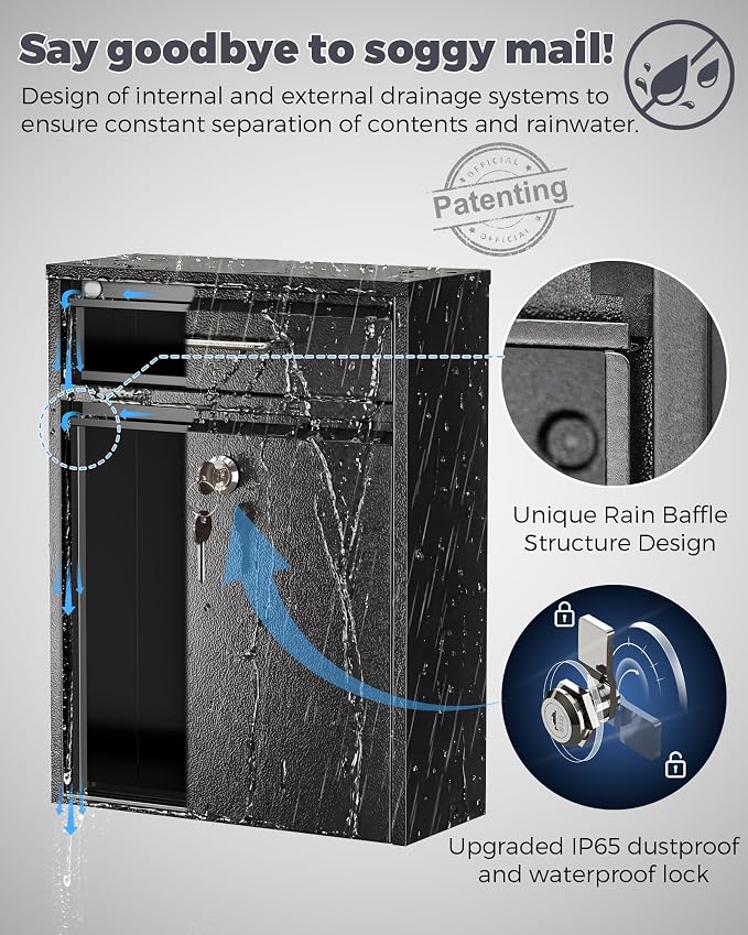 LAND·VOI Large Capacity Mailbox for Outside, Heavy Duty Rustproof, Locking Mailbox, 4 Replaceable Keys, Weatherproof Wall Mounted Mailbox for Residential & Apartment, 15.4"×11.8"×4.7", Black, Large