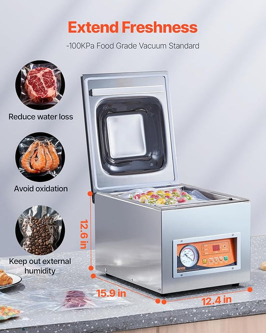 VEVOR Chamber Vacuum Sealer, 260W Sealing Power, Vacuum Packing Machine for Wet Foods, Meats, Marinades and More, Compact Size with 10.2 in Sealing Length, Applied in Home Kitchen