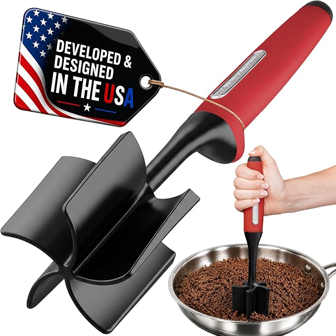 Zulay Kitchen Ground Beef Chopper Tool – 5-Blade Nylon Meat Chopper for Ground Beef, Non-Toxic Food Safe Meat Masher & Breaker, Heat Resistant to 180°C, Dishwasher Safe – Red