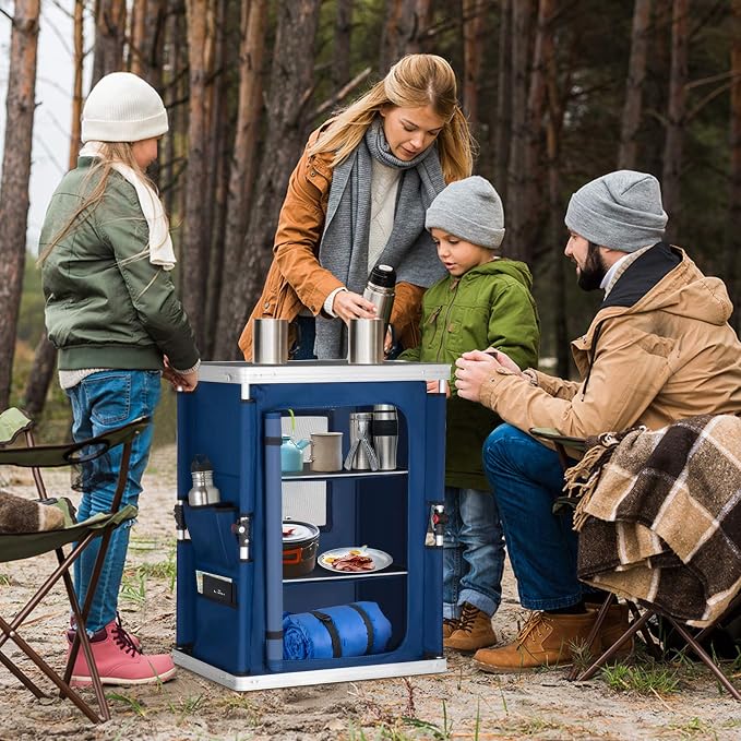 EAGLE PEAK Outdoor Folding Camping Table with Large 3-Tier Storage Organizer and Side Pockets, Easy Set Up Portable Aluminum Camping Kitchen, Blue
