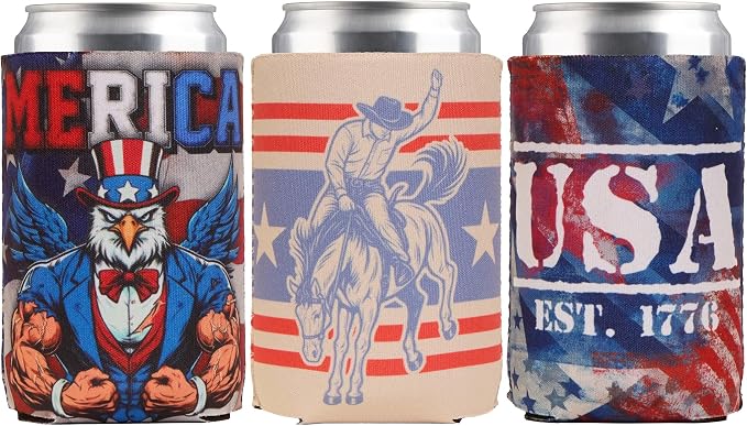 USA Can Cooler - Merica Pride Chill Drink Sleeve 3 Pack - Reusable Beer & Soda Insulators - Insulated Cup Holders - Tailgates BBQs Patriotic Gift