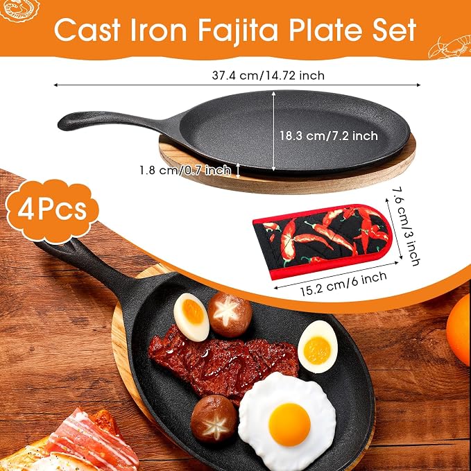 Lallisa 4 Sets Cast Iron Fajita Plate Set Fajita Plate Pan with Wooden Tray Anti Scald Protection Hot Mitt Cast Iron Skillet Set for Home Barbecue Kitchen Party Restaurant Catering Service