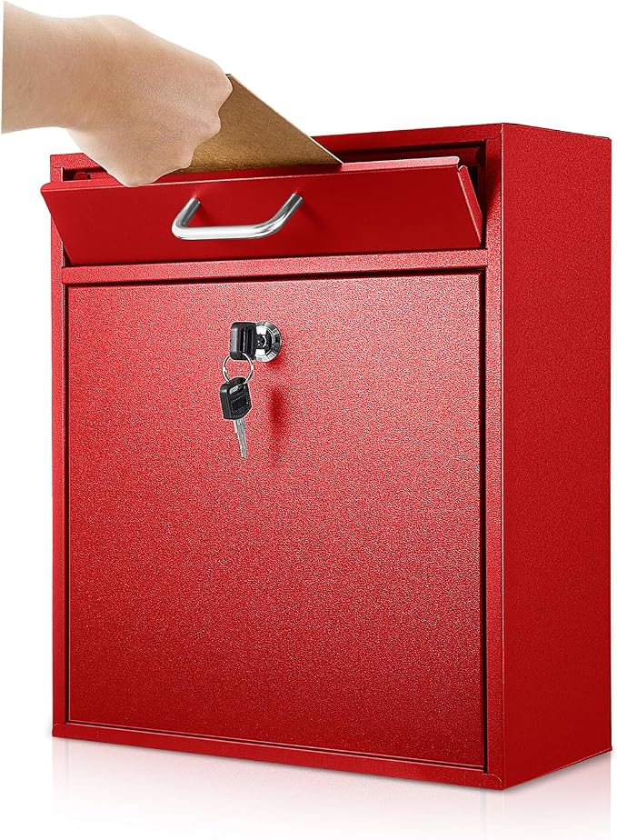 Yaocom Locking Mailbox with Key for Outdoor 12 x 10.5 x 4.7 Inches Large Wall Mount Mail Box with Lock Security Mail Drop Metal Collection Boxes Hanging Secure Postbox(Red)
