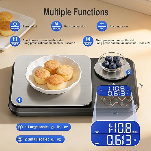 Rechargeable Digital Dual Platform Kitchen Scales Weight, 11 lb Large & 1.1 lb Mini with Two Precisions Food Scale for Sourdough Bread, Baking and Cooking with 3 Units Tare, Accumulation Functions