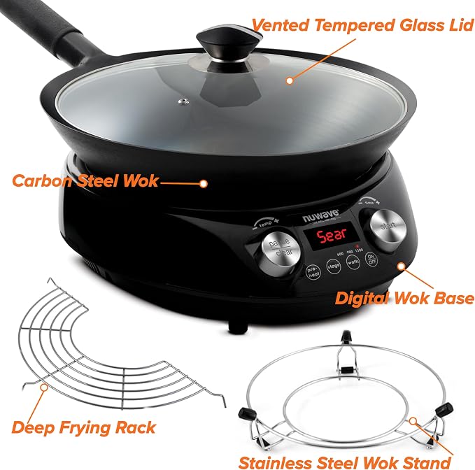Nuwave Mosaic Induction Wok, Precise Temp Controls from 100°F-575°F in 5°F | Wok Hei, Infuse Complex Charred Aroma & Flavor, 3 Watts 600, 900 & 1500, Authentic 14-inch Carbon Steel Wok Included, Black
