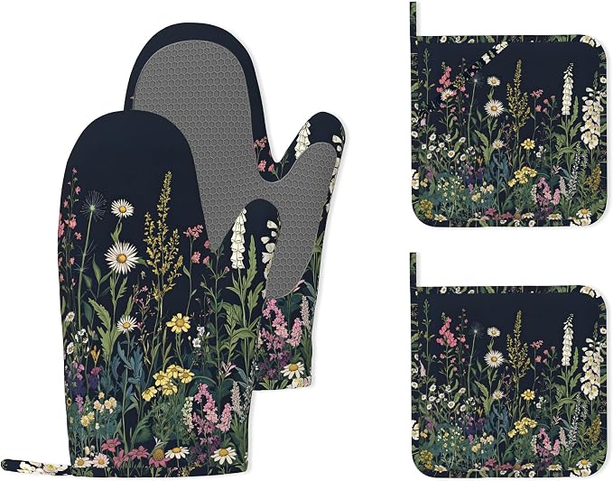 Wildflower Spring Floral Garden Flowers Oven Mitts and Pot Holders (4PCS),Heat Resistant Non-Slip Silicone Kitchen Gloves for Cooking, Baking, BBQ Waterproof Kitchen Accessories