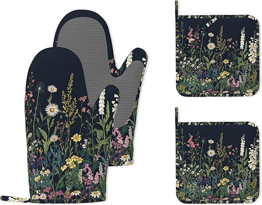 Wildflower Spring Floral Garden Flowers Oven Mitts and Pot Holders (4PCS),Heat Resistant Non-Slip Silicone Kitchen Gloves for Cooking, Baking, BBQ Waterproof Kitchen Accessories