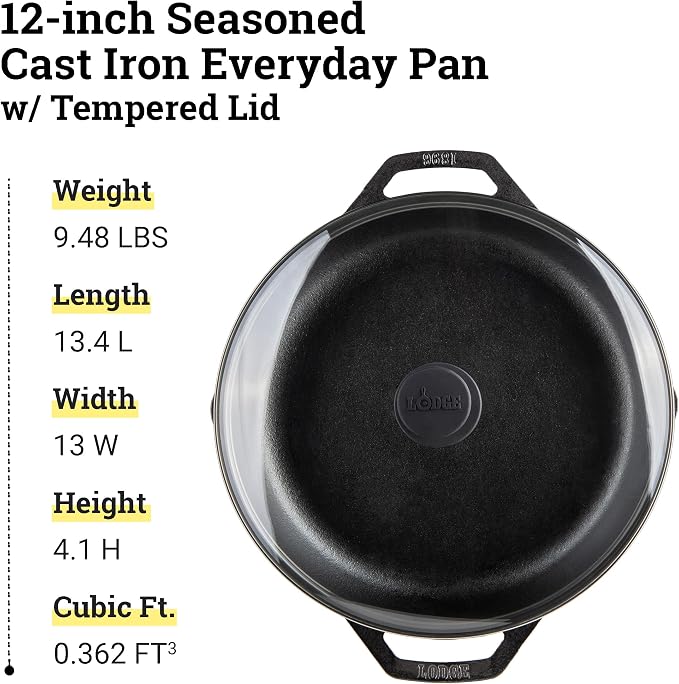 Lodge 12 Inch Cast Iron Everyday Pan - Chef Collection - Use on Oven, Stove, Grill, or Fire - Easy to Clean - Cast Iron Pan with Lid - Durable Cookware