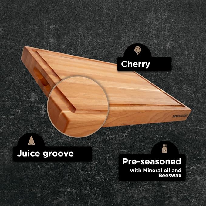 20" Classic Cherry Reversible Cutting Board with Juice Groove | 20-Inch Reversible Cherry Cutting Board with Deep Juice Groove and Side Handles for Chopping, Carving, and Serving