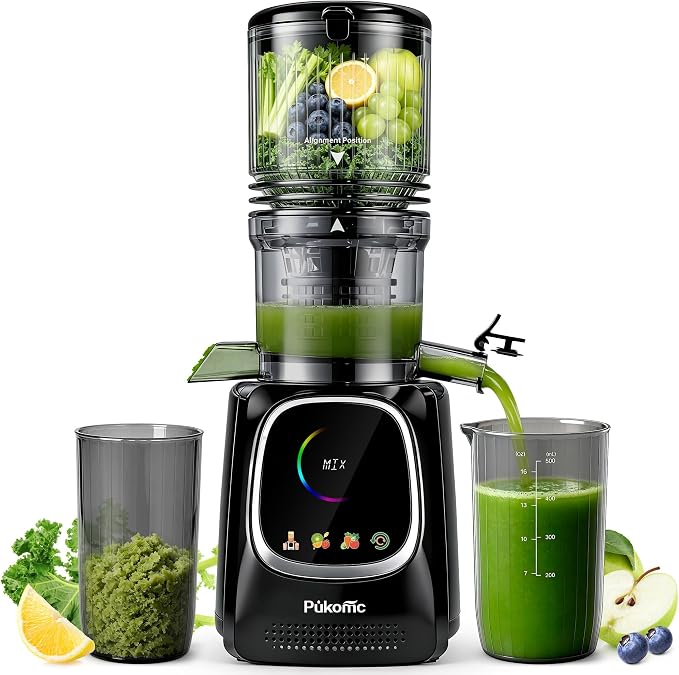 Pukomc Cold Press Juicer with Smart Display and Brushless Motor, | 5.3" Wide Mouth Feed Chute, 300W High Power Slow Masticating Juicer, Whole Vegetables & Fruits Juicing, Easy to Use and Clean
