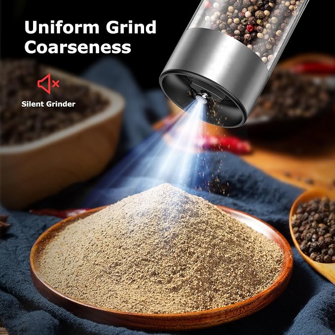 Bonsenkitchen Electric Salt and Pepper Grinder Set, USB-C Rechargeable Stainless Steel Adjustable Coarseness Pepper Mill with LED Light, 95ml Large Capacity, Clean Brush for Kitchen, BBQ & Camping