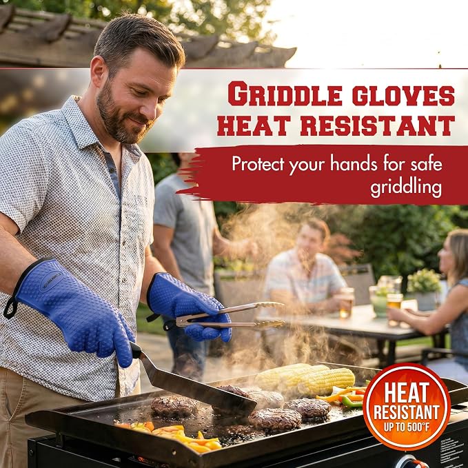 KITCHEN PERFECTION Silicone Griddle Grill Gloves Heat Resistant Oven Mitts | Waterproof, 5-Finger Design For A Better Grip, Best Griddle Grilling Accessories, Compatible with Blackstone, Weber & More