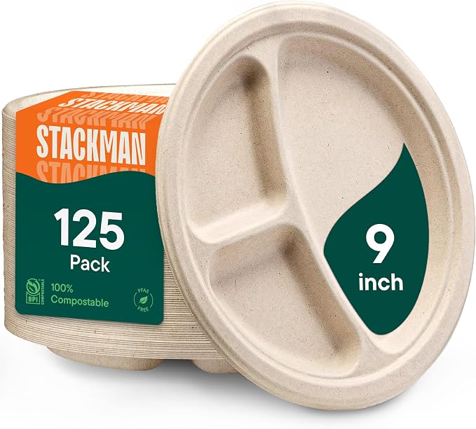 100% Compostable, 3 Compartment, Disposable Paper Plates [125-Pack] - {PFAS Free} - {BPA Certified} - [9 Inch] Heavy Duty Biodegradable Bagasse Sectional Lunch Trays + Dividers - Divided Platte Tray | Eco-Friendly Biodegradable 3-Compartment Lunch Tray...