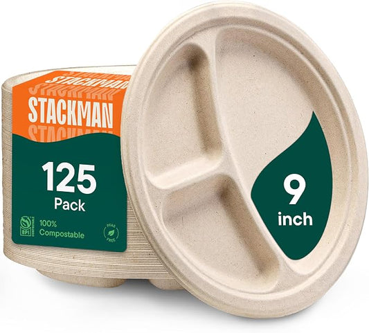 100% Compostable, 3 Compartment, Disposable Paper Plates [125-Pack] - {PFAS Free} - {BPA Certified} - [9 Inch] Heavy Duty Biodegradable Bagasse Sectional Lunch Trays + Dividers - Divided Platte Tray | Eco-Friendly Biodegradable 3-Compartment Lunch Tray...