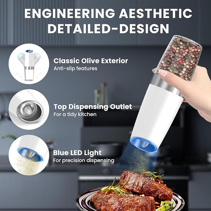 UNNEES Gravity Electric Salt and Pepper Grinder set of 2, Automatic Salt And Pepper Grinder Set, Adjustable Roughness, Battery Powered, LED Light, 2 Pack, (White)