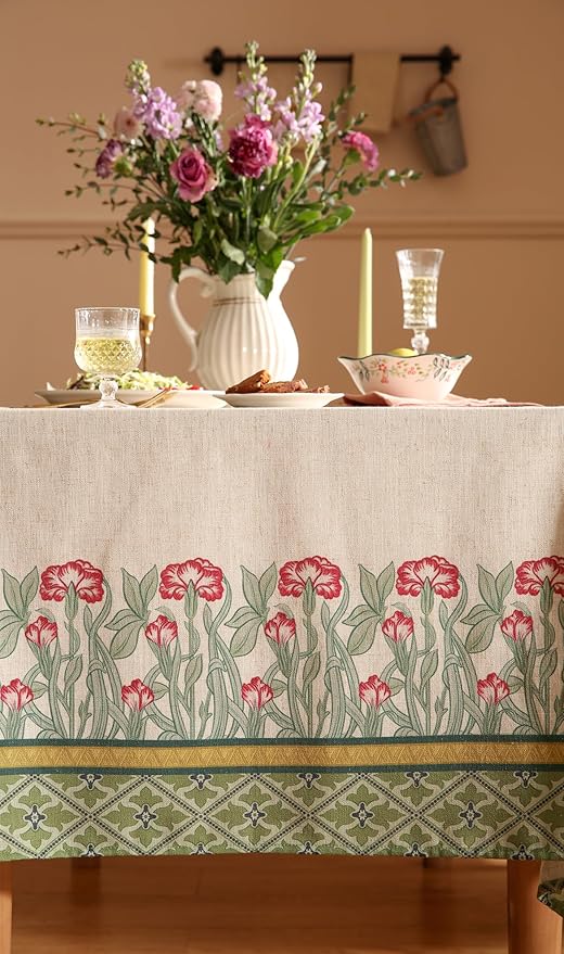 patdrea Designer Green Long Tablecloth for Rectangle Table,Vintage Linen Floral Leaves Pattern Table Cloth,Cover Decor for Kitchen Dining Christmas,Tea Party,Thanksgiving,63"x94"-Cecilia D