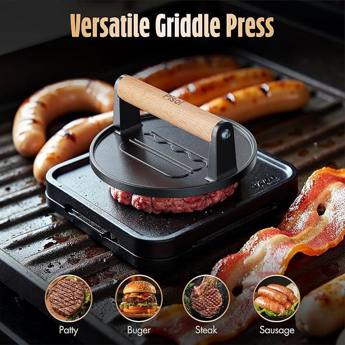 Pisol Pre-Seasoned Cast Iron Smash Burger Press, 2 lb Meat Press Tool, 2PCS | Rustproof, Pre-Seasoned, Flat Bottom, Wooden Handle, Dishwasher Safe, No Stick, Easy to Clean, 6.6'' Wide, 2lb