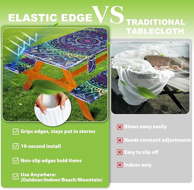 Wrakus Picnic Table Cover with Bench Covers Vinyl Elastic Edges Fitted Rectangle Seat Tables Waterproof 3-Piece96X30in Set Outdoor Rectangular Folding Backing Tablecloth for Camping Over Size