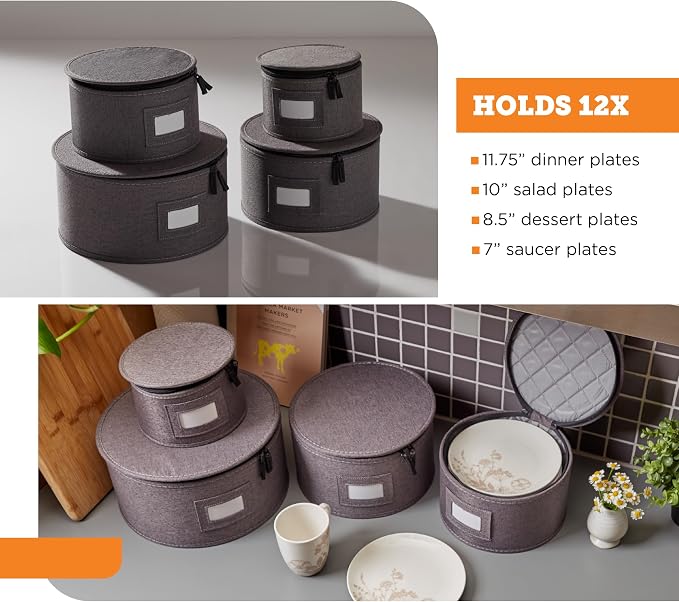 storageLAB 4-Piece Quilted China Plate Storage Set | Felt Dividers | Gray | 4-piece quilted plate set - dinner, salad, dessert & saucer cases, 12 plates each. Felt dividers, dual zippers.