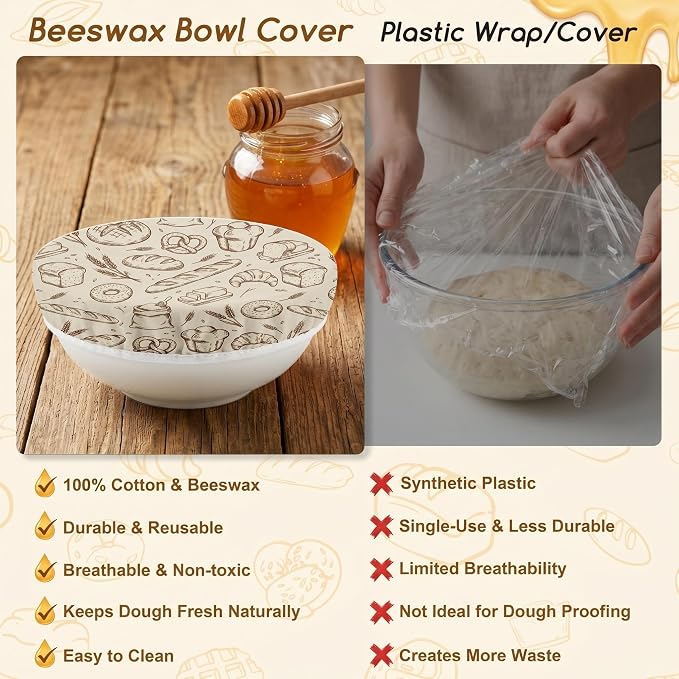 2Pcs Vintage Bakery Reusable Beeswax Bowl Covers Bread Sourdough Bowl Covers for Proofing Bakery Reusable Elastic Bread Sourdough Cover Wrap Dough Proofing Food Storage Kitchen Baking Supplies