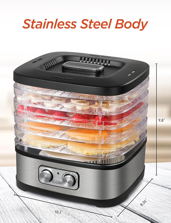 Commercial Chef Food Dehydrator, 5 BPA-Free 10” x 9.25” Trays, CHD200S | Stainless Dehydration Machine for Beef Jerky, Dehydrated Vegetables, Fruits and More, 240V