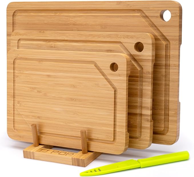 Bamboo Cutting Board Set, 3-Piece Cutting Board with Stand & Hanging Hole | Chopping Board for Kitchen with Juice Groove, Serving Board, Ideal for Meat, Vegetables and Cheese
